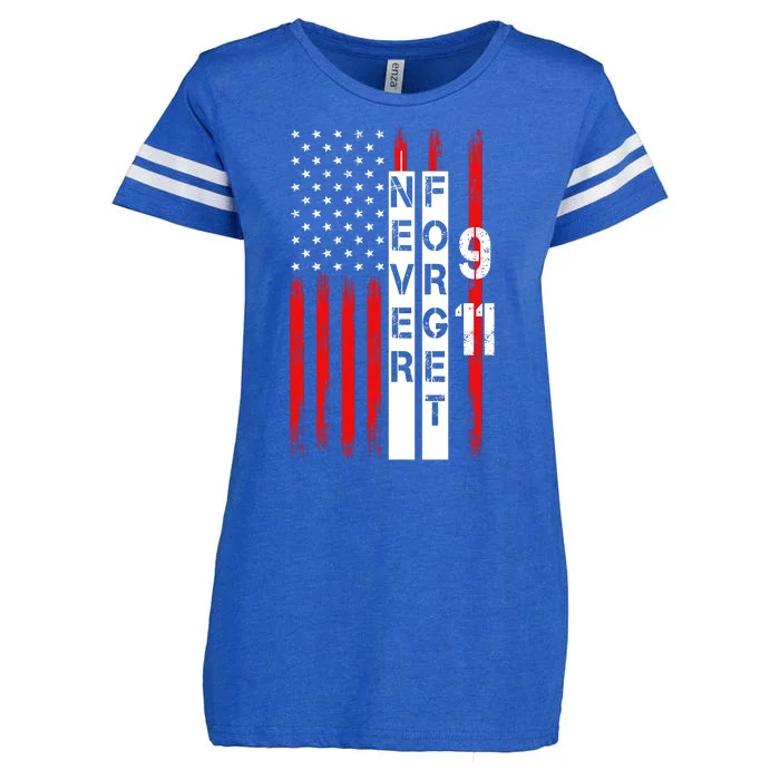 Never Forget 9 11 Nine Eleven Memorial Distressed US American Flag Enza Ladies Jersey Football T-Shirt