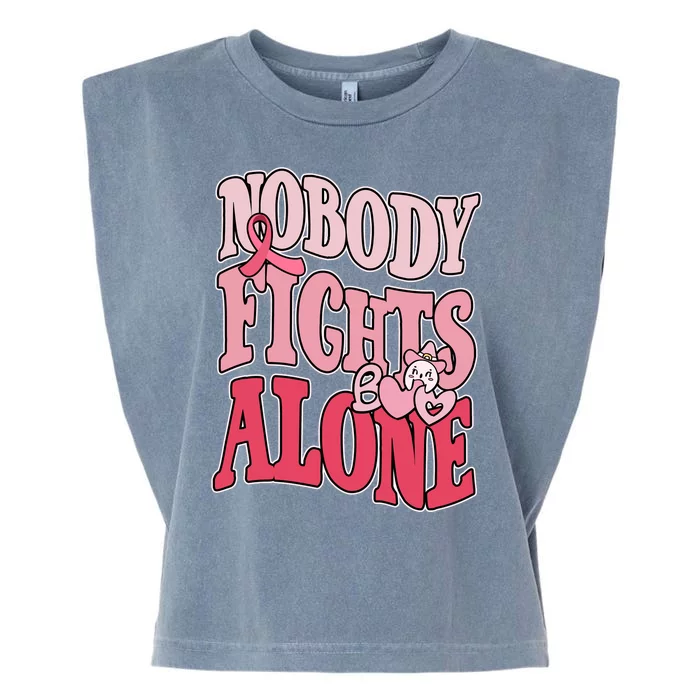 Nobody Fights Alone Breast Cancer Awareness Retro Groovy Garment-Dyed Women's Muscle Tee