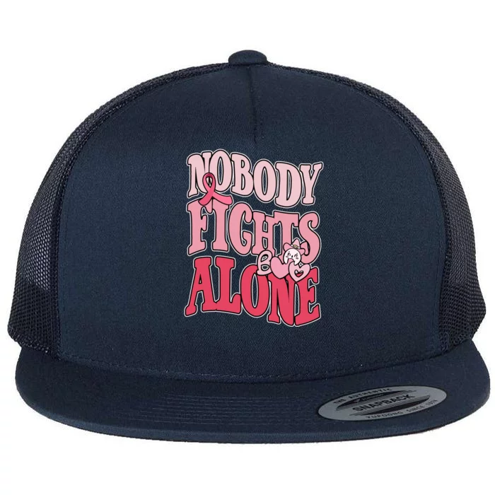 Nobody Fights Alone Breast Cancer Awareness Retro Groovy Flat Bill Trucker Hat