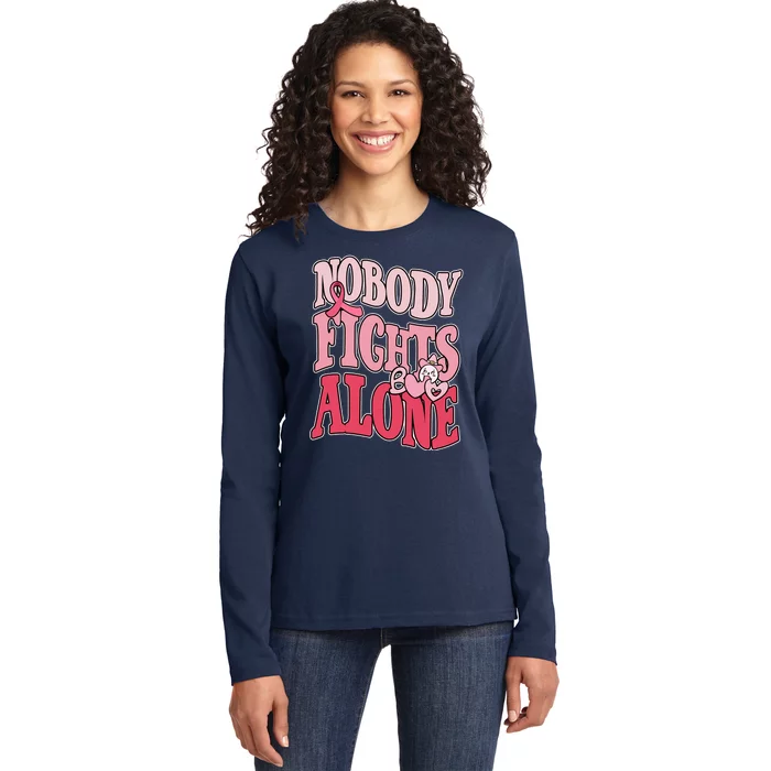 Nobody Fights Alone Breast Cancer Awareness Retro Groovy Ladies Long Sleeve Shirt