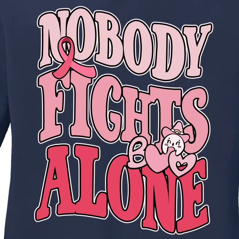 Nobody Fights Alone Breast Cancer Awareness Retro Groovy Ladies Long Sleeve Shirt