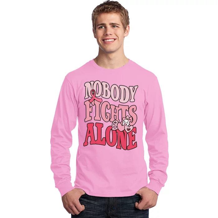 Nobody Fights Alone Breast Cancer Awareness Retro Groovy Long Sleeve Shirt