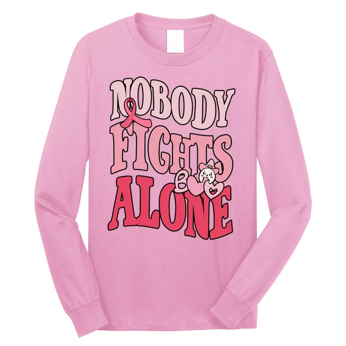 Nobody Fights Alone Breast Cancer Awareness Retro Groovy Long Sleeve Shirt