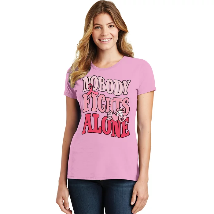 Nobody Fights Alone Breast Cancer Awareness Retro Groovy Women's T-Shirt