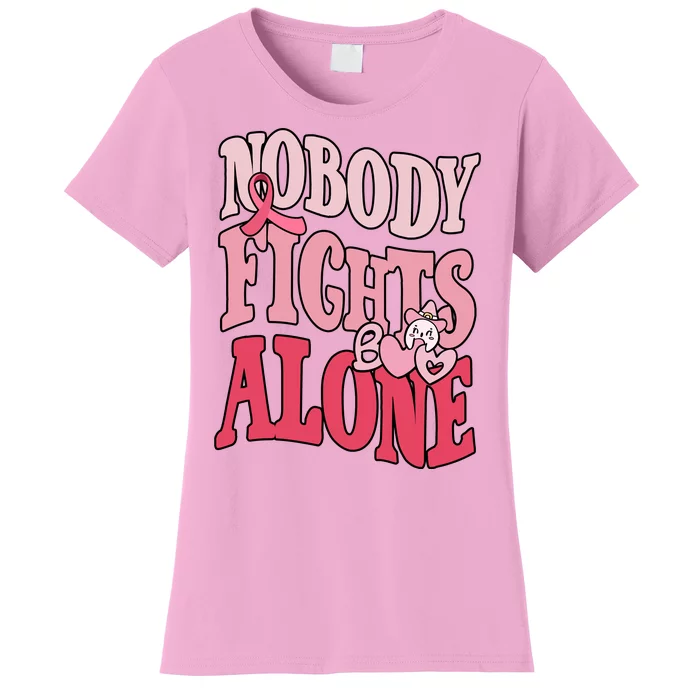 Nobody Fights Alone Breast Cancer Awareness Retro Groovy Women's T-Shirt