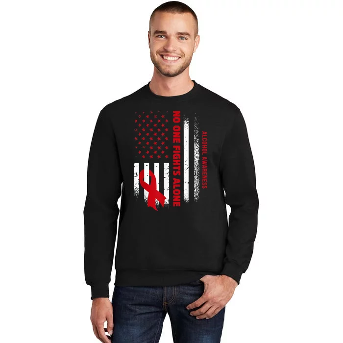 Nobody Fights Alcohol Alone USA Flag Red Ribbon Tall Sweatshirt