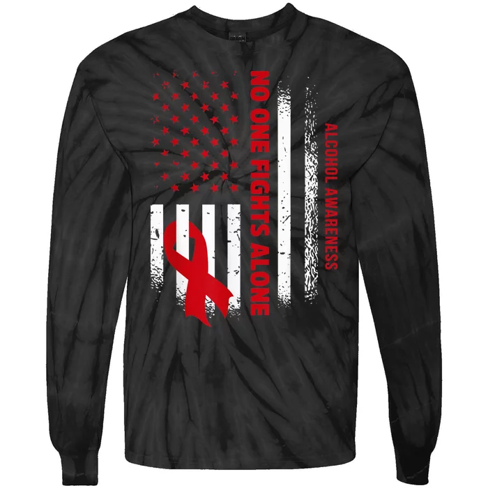 Nobody Fights Alcohol Alone USA Flag Red Ribbon Tie-Dye Long Sleeve Shirt