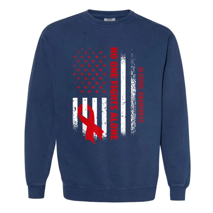 Nobody Fights Alcohol Alone USA Flag Red Ribbon Garment-Dyed Sweatshirt