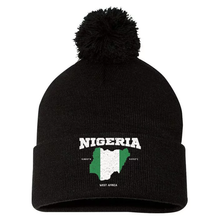 Nigeria Flag And Map Nigerian Coordinates Pom Pom 12in Knit Beanie