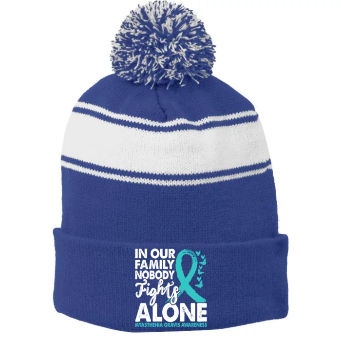 Nobody Fights Alone Myasthenia Gravis Awareness Teal Ribbon Gift Stripe Pom Pom Beanie