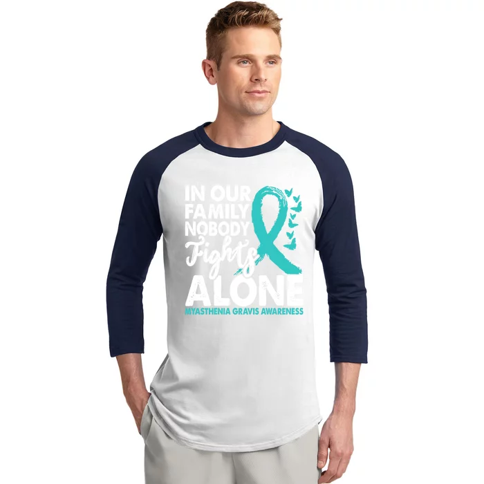 Nobody Fights Alone Myasthenia Gravis Awareness Teal Ribbon Gift Baseball Sleeve Shirt