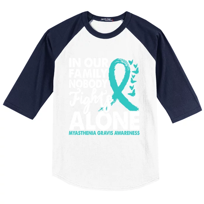 Nobody Fights Alone Myasthenia Gravis Awareness Teal Ribbon Gift Baseball Sleeve Shirt