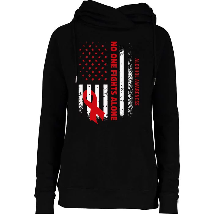 Nobody Fights Alcohol Alone USA Flag Red Ribbon Womens Funnel Neck Pullover Hood