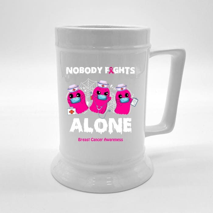 Nobody Fights Alone Boo Ghost Nurse Breast Cancer Scrub Gift Front & Back Beer Stein