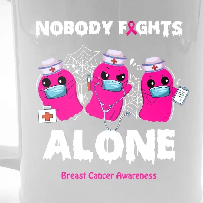 Nobody Fights Alone Boo Ghost Nurse Breast Cancer Scrub Gift Front & Back Beer Stein