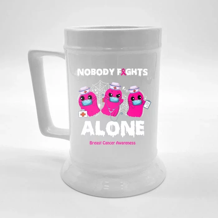 Nobody Fights Alone Boo Ghost Nurse Breast Cancer Scrub Gift Front & Back Beer Stein