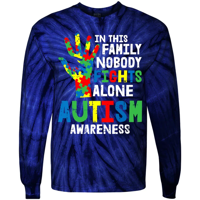 No Fights Alone Autism Awareness Puzzle Hand Family Gifts Tie-Dye Long Sleeve Shirt