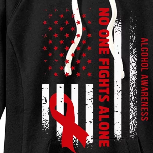 Nobody Fights Alcohol Alone USA Flag Red Ribbon Women's Fleece Hoodie