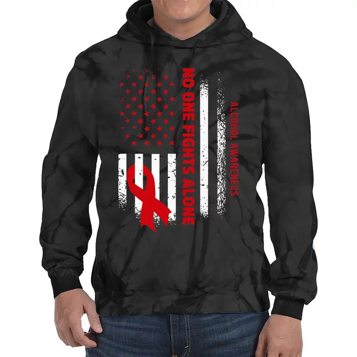 Nobody Fights Alcohol Alone USA Flag Red Ribbon Tie Dye Hoodie