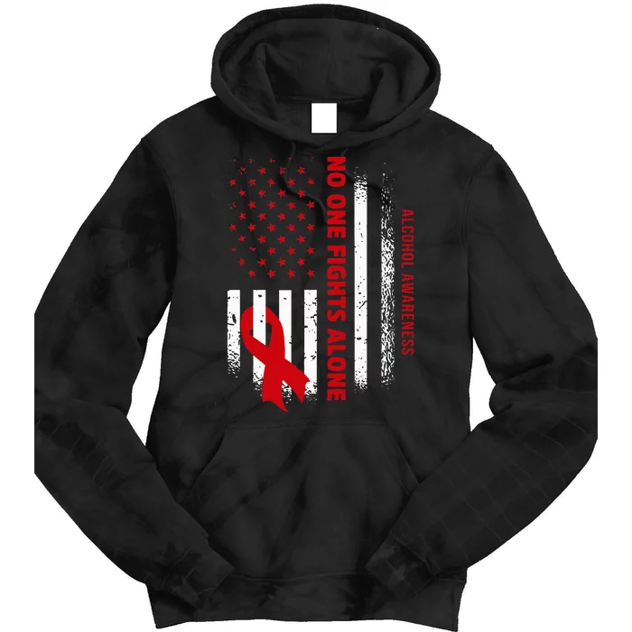 Nobody Fights Alcohol Alone USA Flag Red Ribbon Tie Dye Hoodie