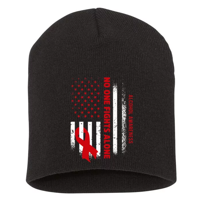 Nobody Fights Alcohol Alone USA Flag Red Ribbon Short Acrylic Beanie