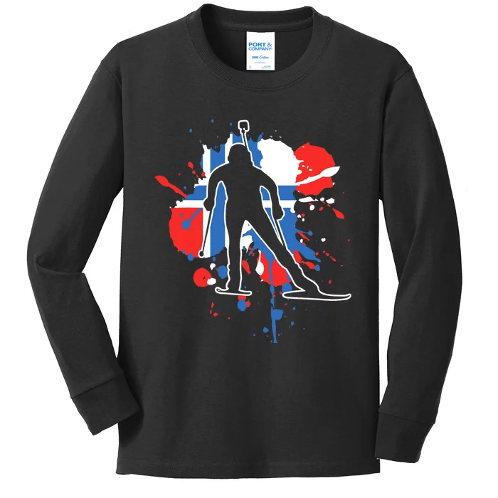 Norway Flag Biathlonist Norwegian Biathlon Kids Long Sleeve Shirt