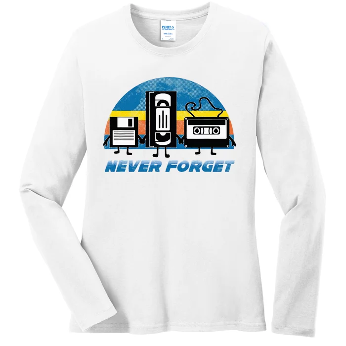 Never Forget Funny Retro Vintage Vhs Cassette Floppy Disk Ladies Long Sleeve Shirt