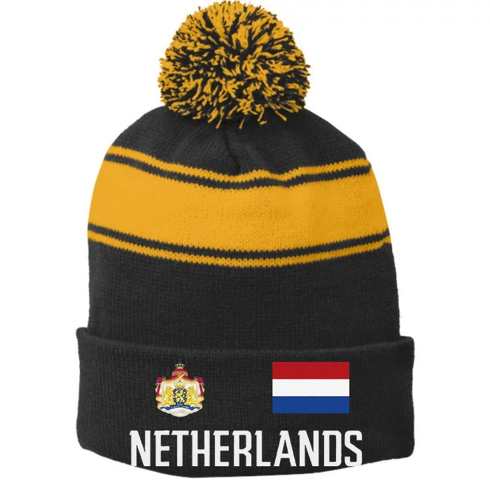 Netherlands Flag Football Soccer Fan Gift Stripe Pom Pom Beanie