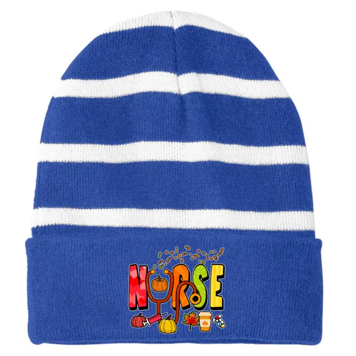 Nurse Fall Holiday Striped Beanie with Solid Band