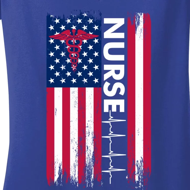 Nurse Flag Heartbeat Line Usa American Heroes Nurses Funny Gift Women's V-Neck T-Shirt