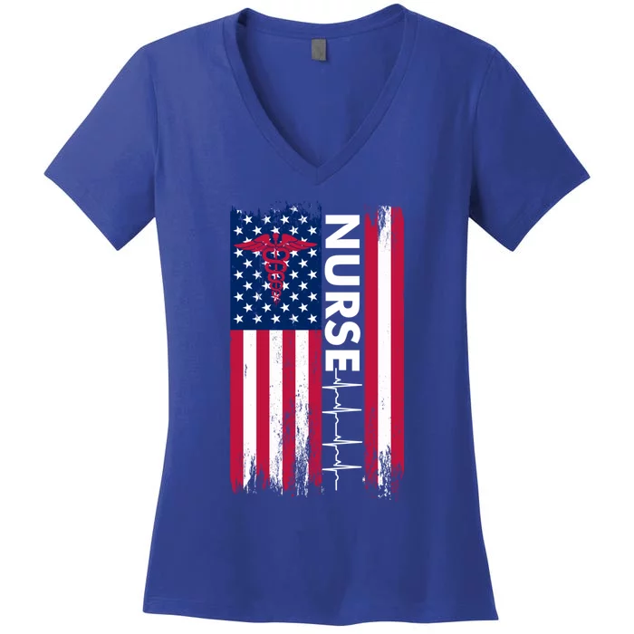 Nurse Flag Heartbeat Line Usa American Heroes Nurses Funny Gift Women's V-Neck T-Shirt