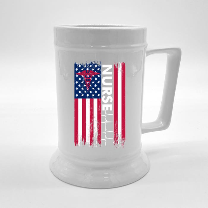 Nurse Flag Heartbeat Line Usa American Heroes Nurses Funny Gift Front & Back Beer Stein