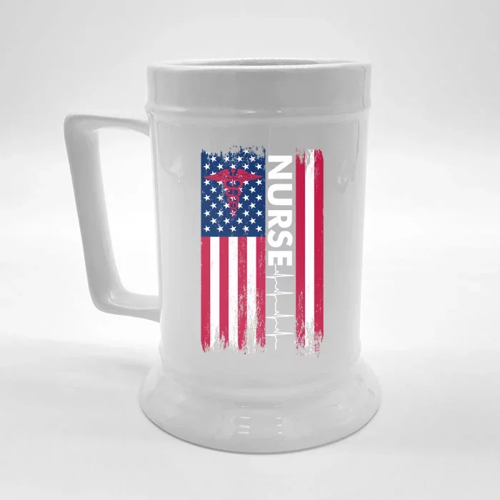 Nurse Flag Heartbeat Line Usa American Heroes Nurses Funny Gift Front & Back Beer Stein