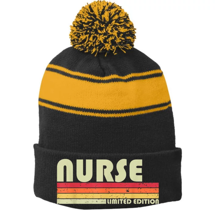 NURSE Funny Job Title Profession Birthday Worker Idea Stripe Pom Pom Beanie