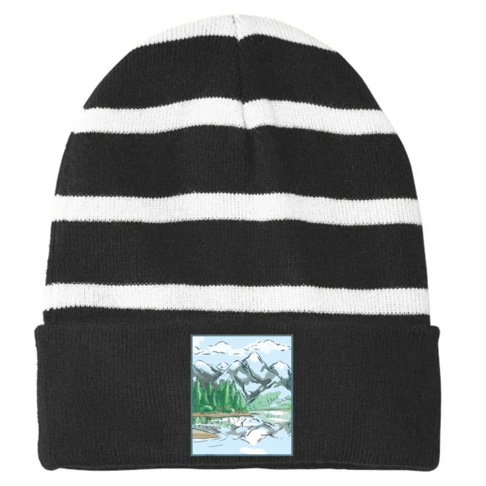 Nature Forest Lake Mountain Landscape Striped Beanie with Solid Band