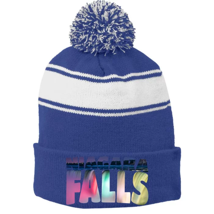 Niagara Falls Night Gift Canada Usa Typography Souvenir Stripe Pom Pom Beanie