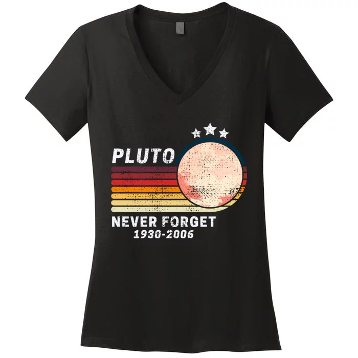 Never Forget Pluto, Retro Style Funny Space Women's V-Neck T-Shirt