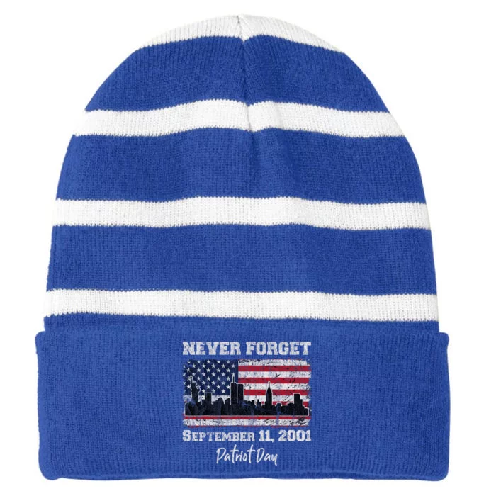 Never Forget September 11 2001 Memorial Day American Flag Striped Beanie with Solid Band