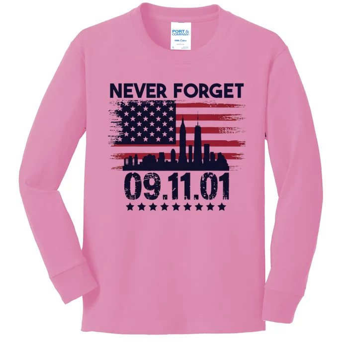 Never Forget September 11 2001 American Flag Kids Long Sleeve Shirt