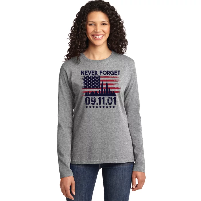 Never Forget September 11 2001 American Flag Ladies Long Sleeve Shirt