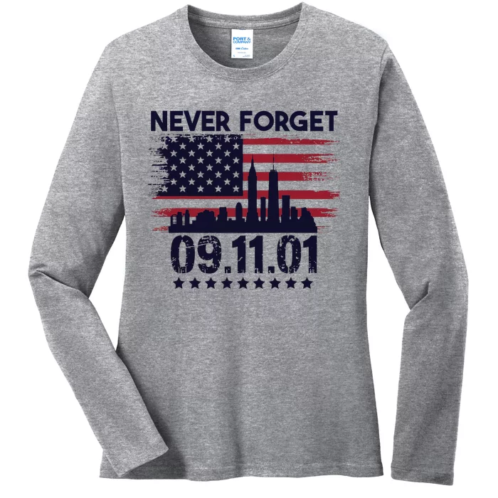 Never Forget September 11 2001 American Flag Ladies Long Sleeve Shirt