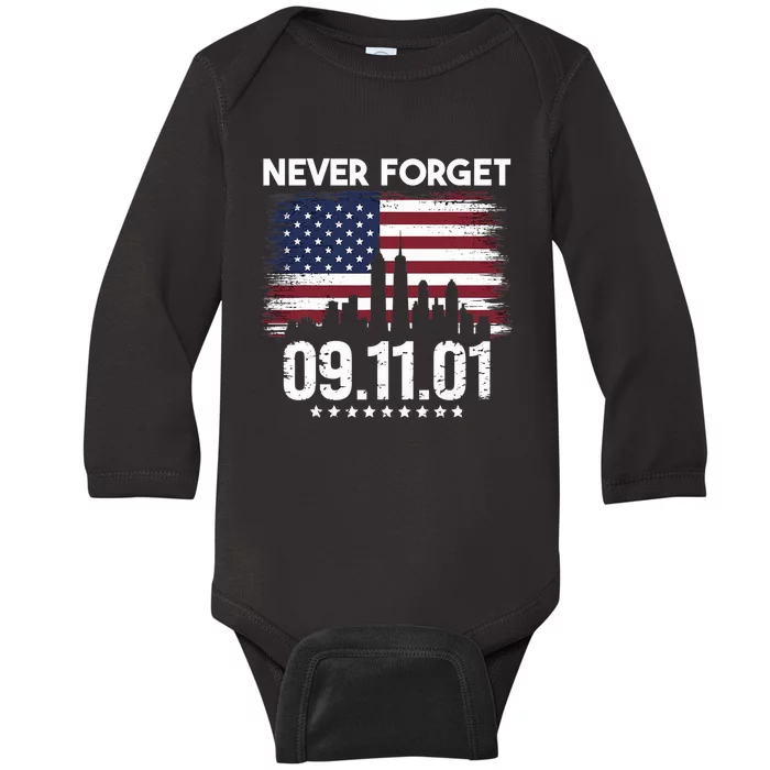 Never Forget September 11 2001 Memorial Day American Flag Baby Long Sleeve Bodysuit