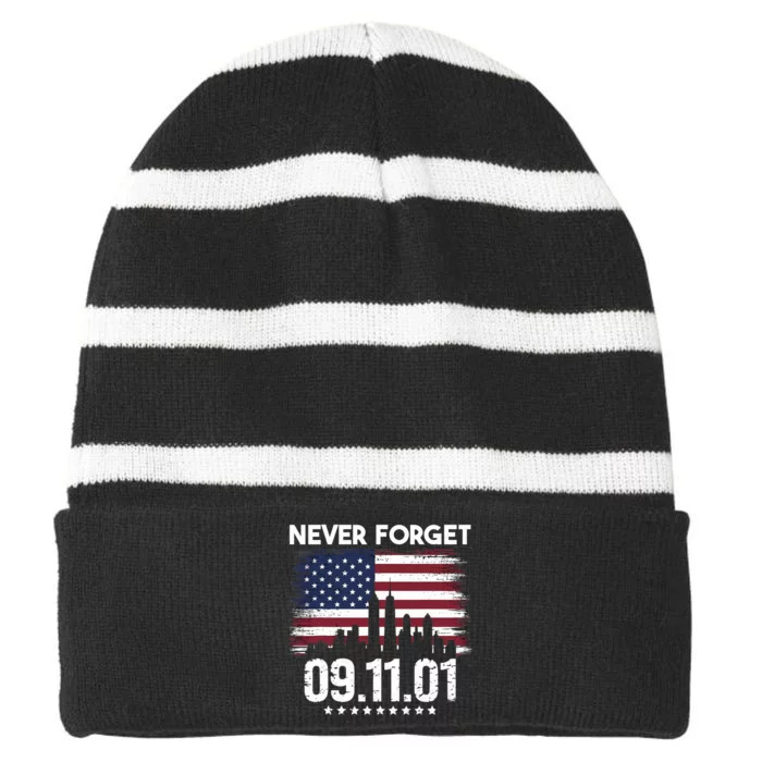 Never Forget September 11 2001 Memorial Day American Flag Striped Beanie with Solid Band