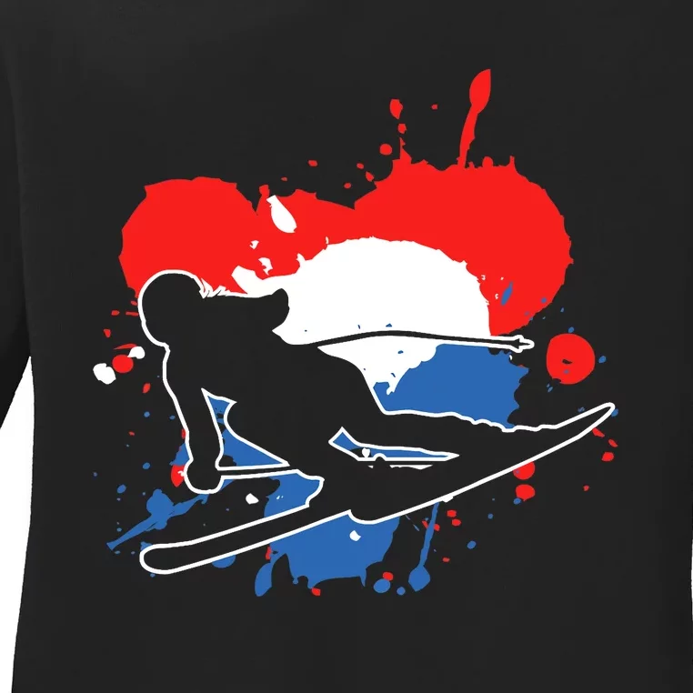 Netherlands Flag Skier Dutch Alpine Skiing Ladies Long Sleeve Shirt