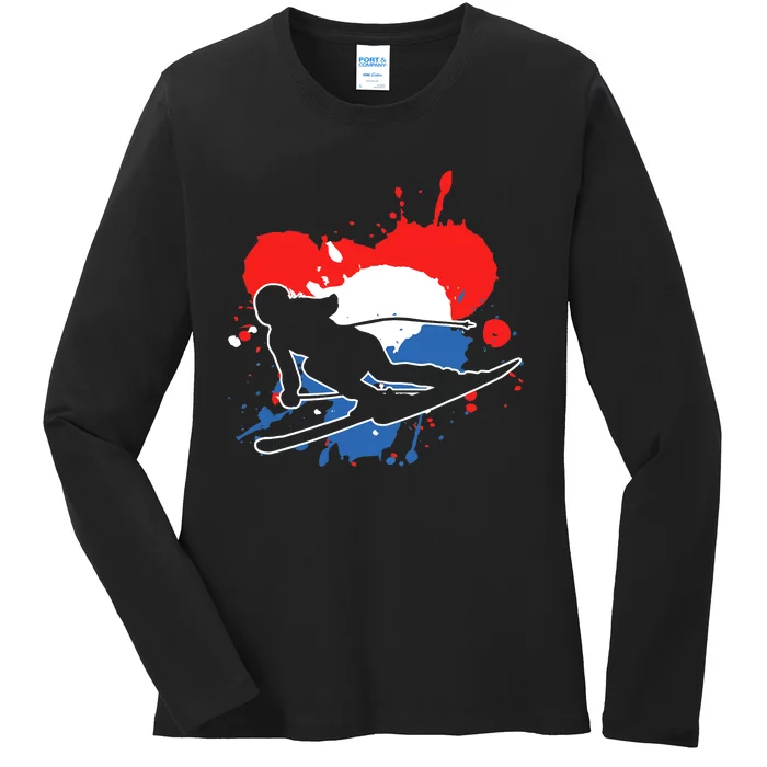 Netherlands Flag Skier Dutch Alpine Skiing Ladies Long Sleeve Shirt