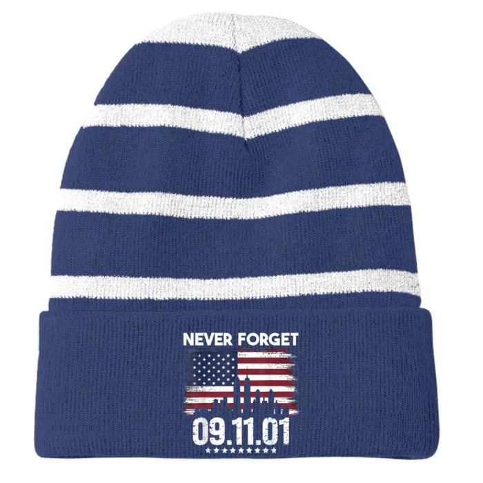 Never Forget September 11 2001 Memorial Day American Flag Striped Beanie with Solid Band