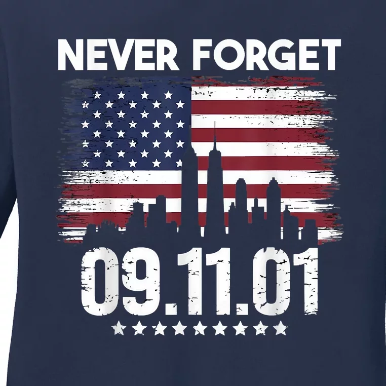 Never Forget September 11 2001 Memorial Day American Flag Ladies Long Sleeve Shirt