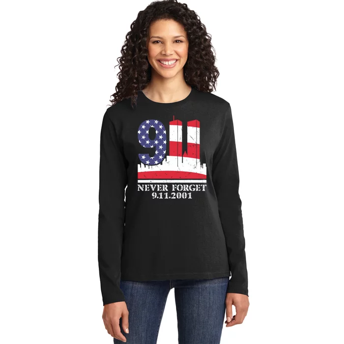 Never Forget September 11 2001 Memorial Day American Flag Ladies Long Sleeve Shirt