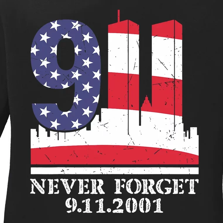 Never Forget September 11 2001 Memorial Day American Flag Ladies Long Sleeve Shirt