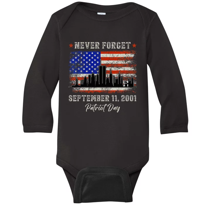 Never Forget September 11 2001 Memorial Day American Flag Baby Long Sleeve Bodysuit